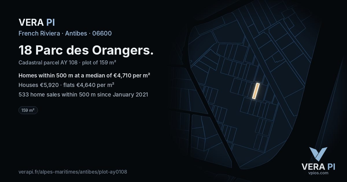 18 Parc des Orangers, Antibes at night – the plot lit, the parcels around coloured by the prices near them