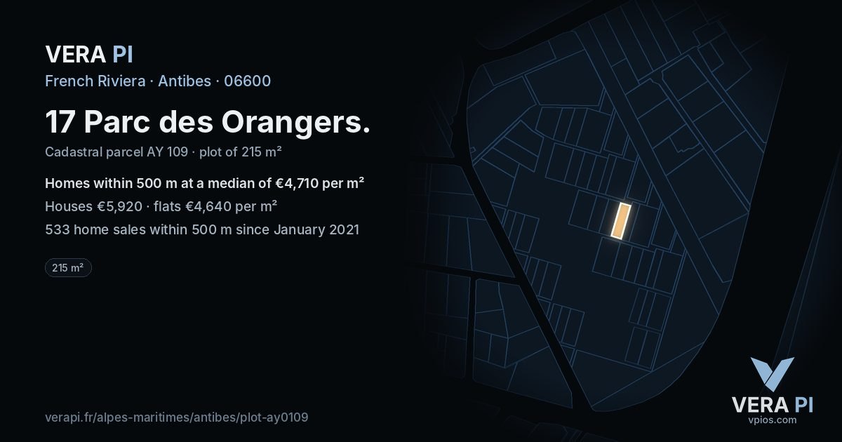 17 Parc des Orangers, Antibes at night – the plot lit, the parcels around coloured by the prices near them