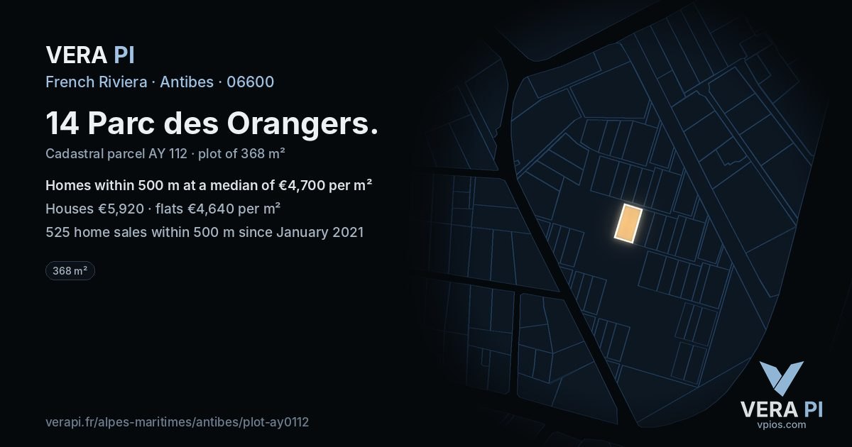 14 Parc des Orangers, Antibes at night – the plot lit, the parcels around coloured by the prices near them