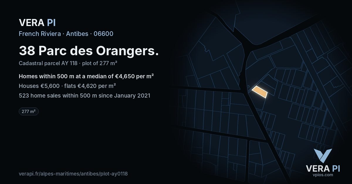 38 Parc des Orangers, Antibes at night – the plot lit, the parcels around coloured by the prices near them
