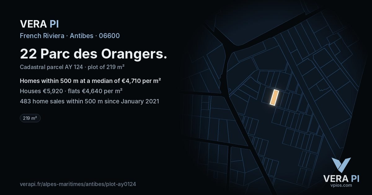 22 Parc des Orangers, Antibes at night – the plot lit, the parcels around coloured by the prices near them