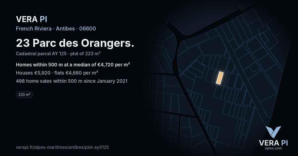 23 Parc des Orangers, Antibes at night – the plot lit, the parcels around coloured by the prices near them