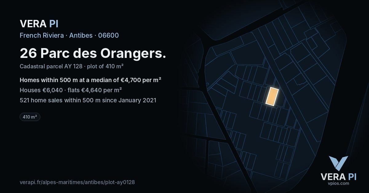 26 Parc des Orangers, Antibes at night – the plot lit, the parcels around coloured by the prices near them