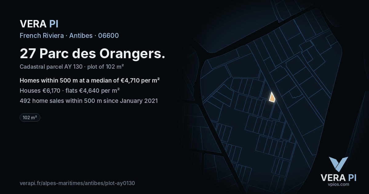 27 Parc des Orangers, Antibes at night – the plot lit, the parcels around coloured by the prices near them