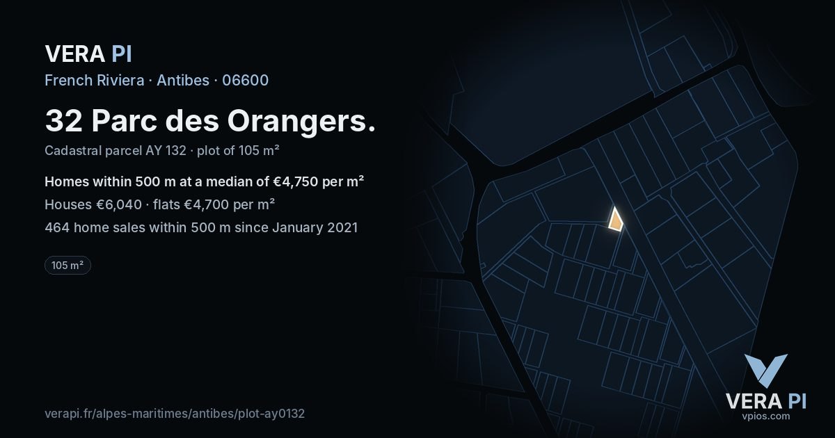 32 Parc des Orangers, Antibes at night – the plot lit, the parcels around coloured by the prices near them