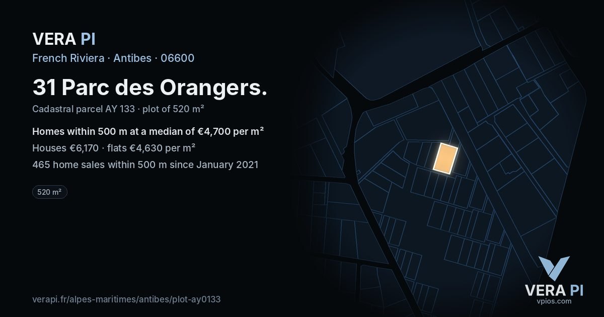 31 Parc des Orangers, Antibes at night – the plot lit, the parcels around coloured by the prices near them