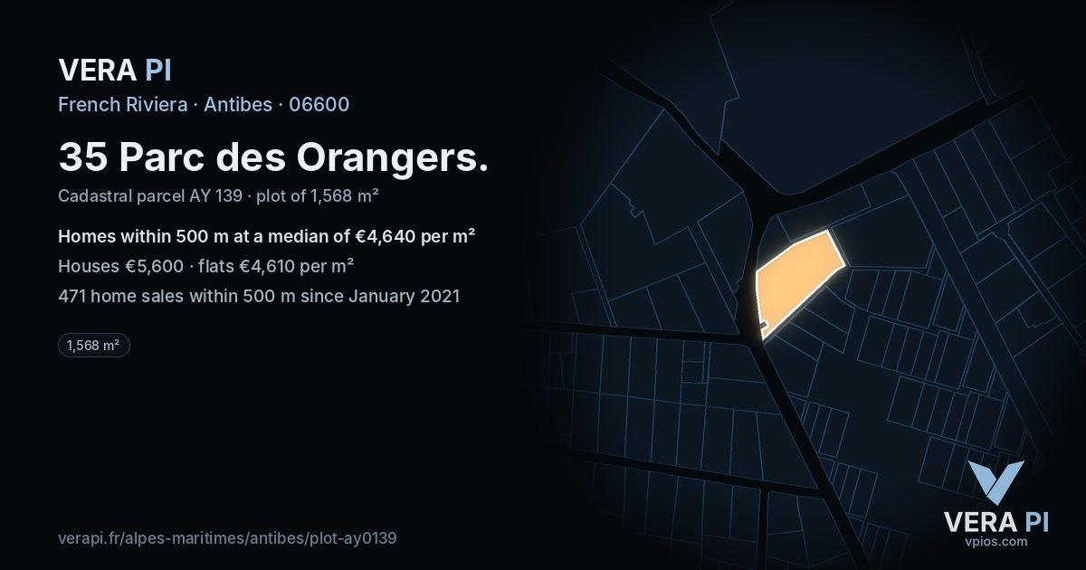 35 Parc des Orangers, Antibes at night – the plot lit, the parcels around coloured by the prices near them