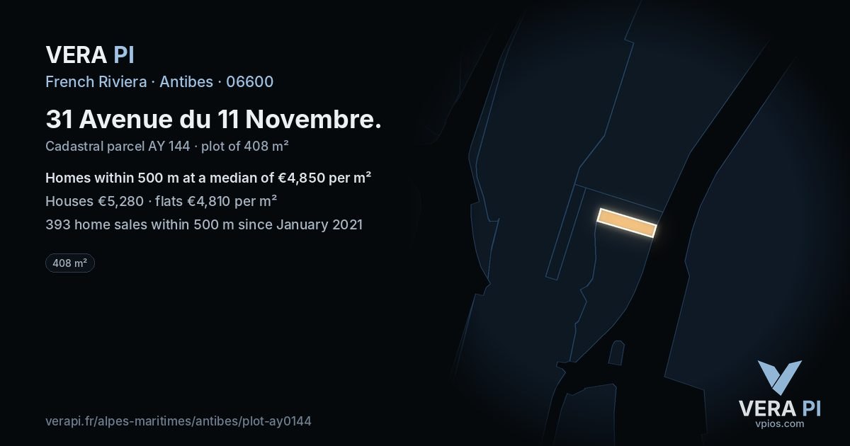 31 Avenue du 11 Novembre, Antibes at night – the plot lit, the parcels around coloured by the prices near them