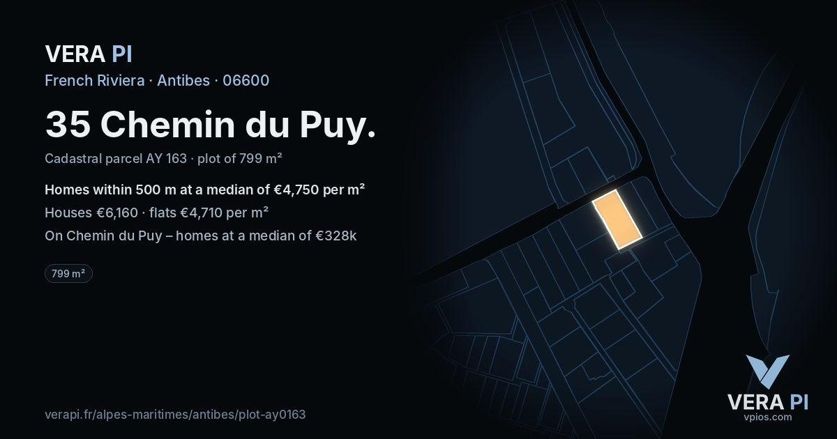 35 Chemin du Puy, Antibes at night – the plot lit, the parcels around coloured by the prices near them