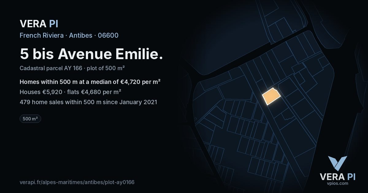 5 bis Avenue Emilie, Antibes at night – the plot lit, the parcels around coloured by the prices near them