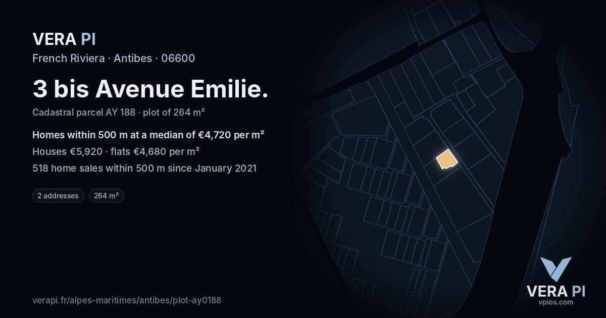 3 bis Avenue Emilie, Antibes at night – the plot lit, the parcels around coloured by the prices near them