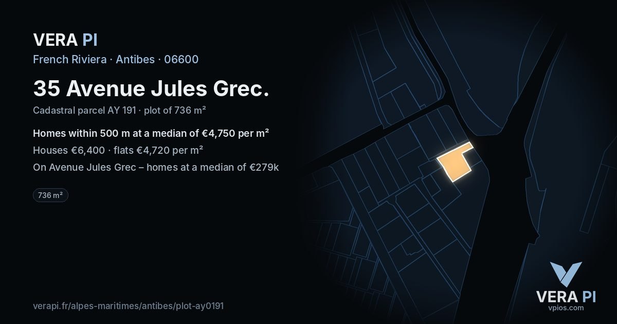 35 Avenue Jules Grec, Antibes at night – the plot lit, the parcels around coloured by the prices near them
