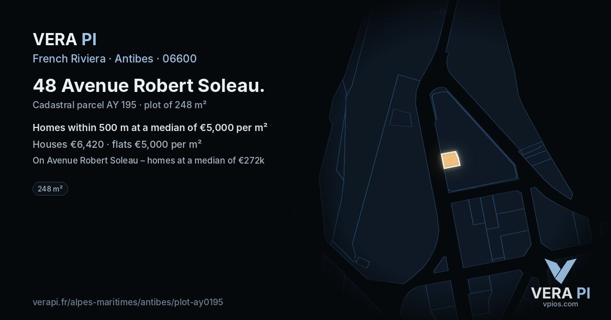 48 Avenue Robert Soleau, Antibes at night – the plot lit, the parcels around coloured by the prices near them