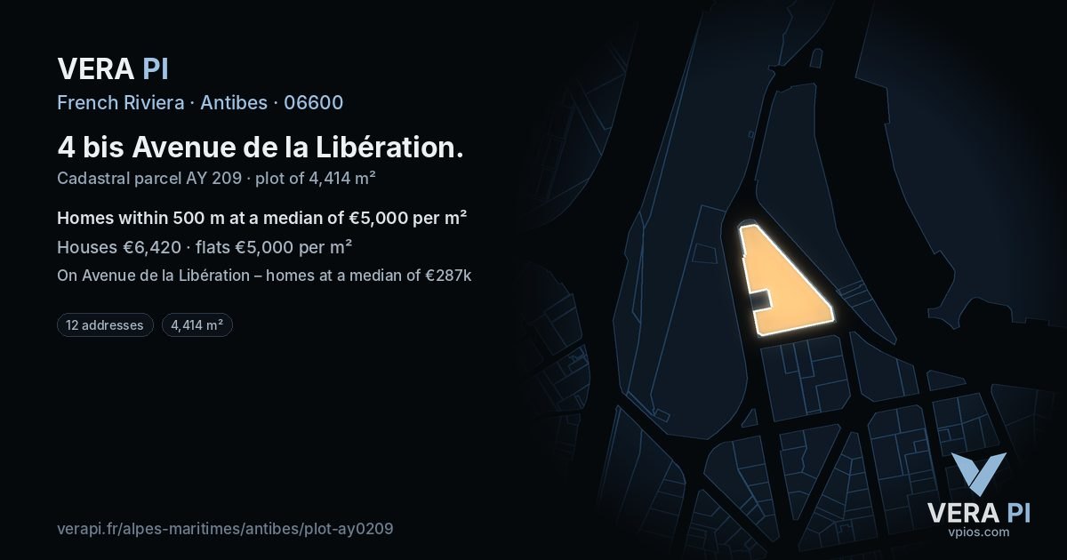 4 bis Avenue de la Libération, Antibes at night – the plot lit, the parcels around coloured by the prices near them