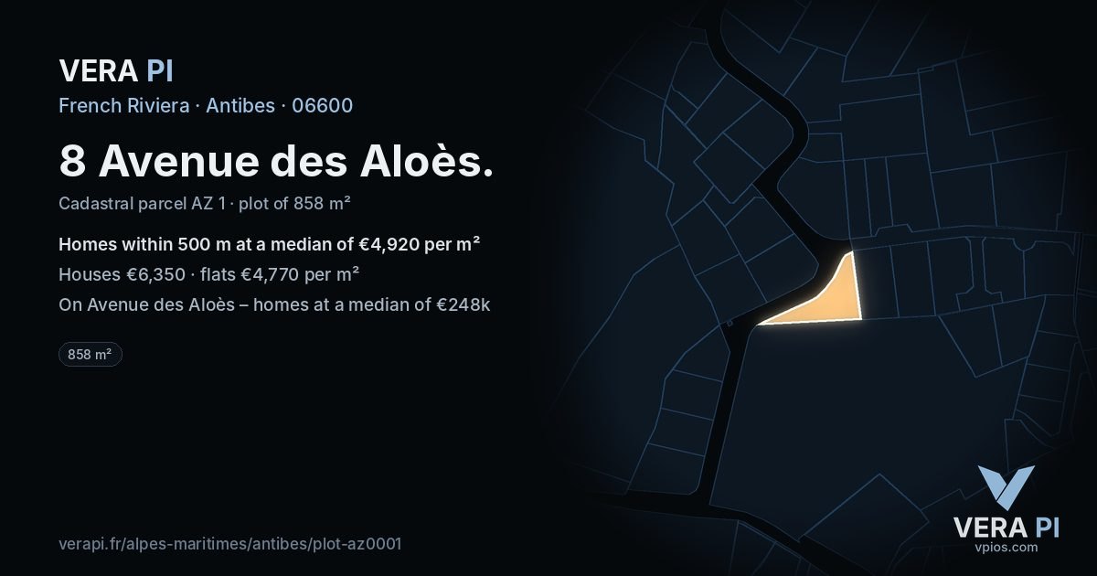 8 Avenue des Aloès, Antibes at night – the plot lit, the parcels around coloured by the prices near them