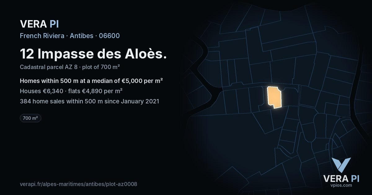 12 Impasse des Aloès, Antibes at night – the plot lit, the parcels around coloured by the prices near them