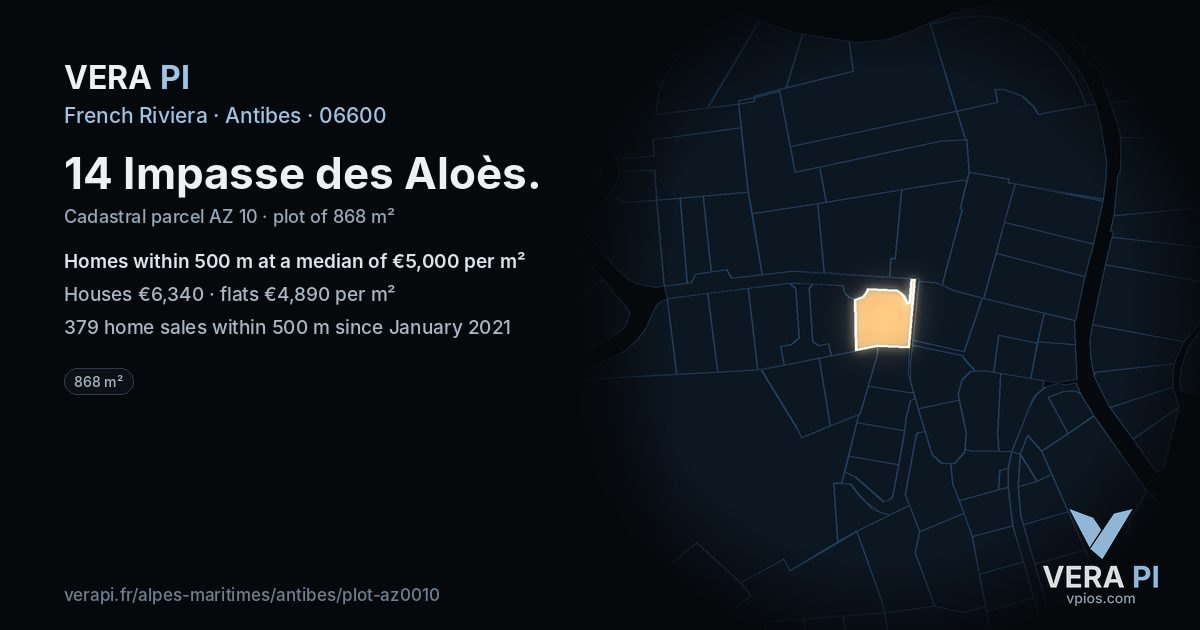 14 Impasse des Aloès, Antibes at night – the plot lit, the parcels around coloured by the prices near them