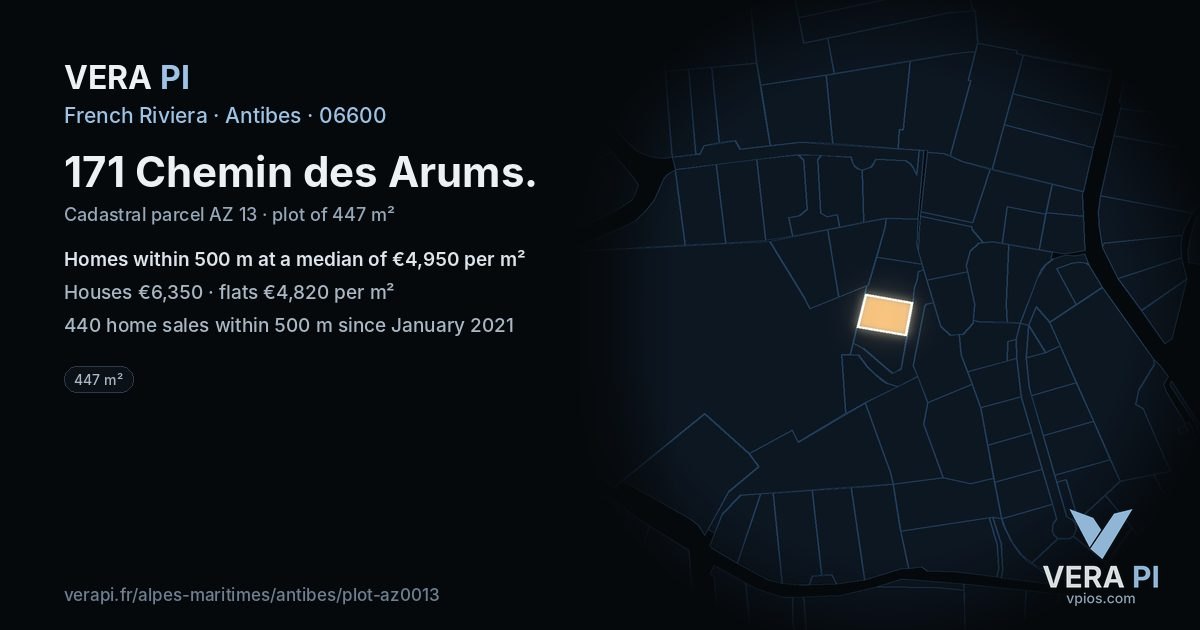 171 Chemin des Arums, Antibes at night – the plot lit, the parcels around coloured by the prices near them