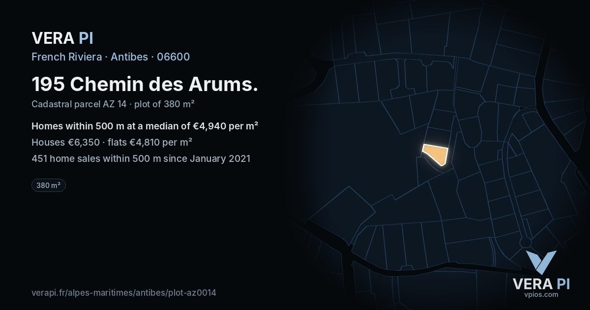 195 Chemin des Arums, Antibes at night – the plot lit, the parcels around coloured by the prices near them
