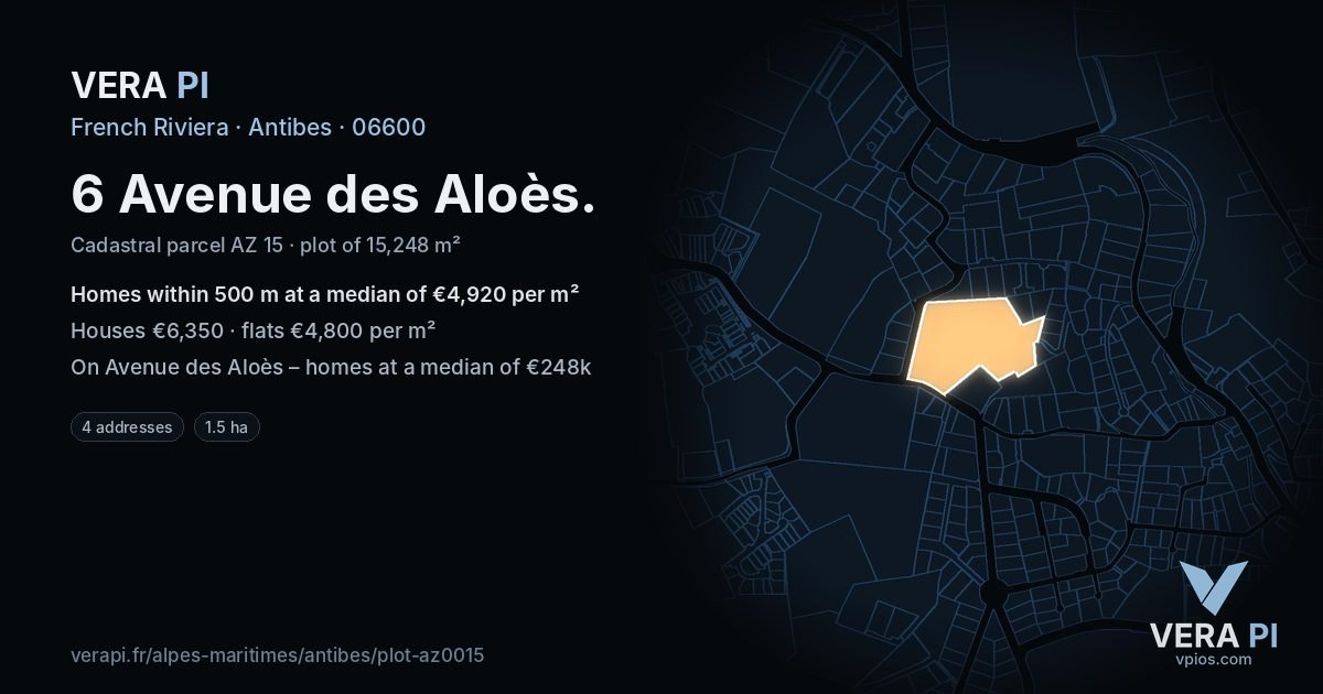 6 Avenue des Aloès, Antibes at night – the plot lit, the parcels around coloured by the prices near them