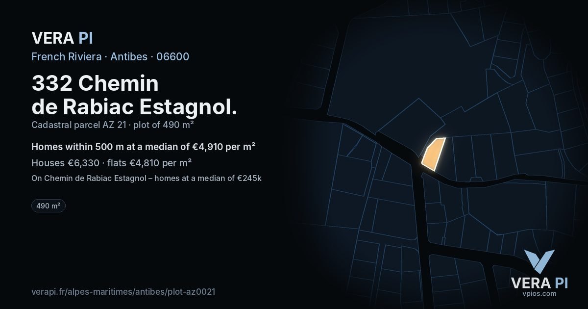332 Chemin de Rabiac Estagnol, Antibes at night – the plot lit, the parcels around coloured by the prices near them