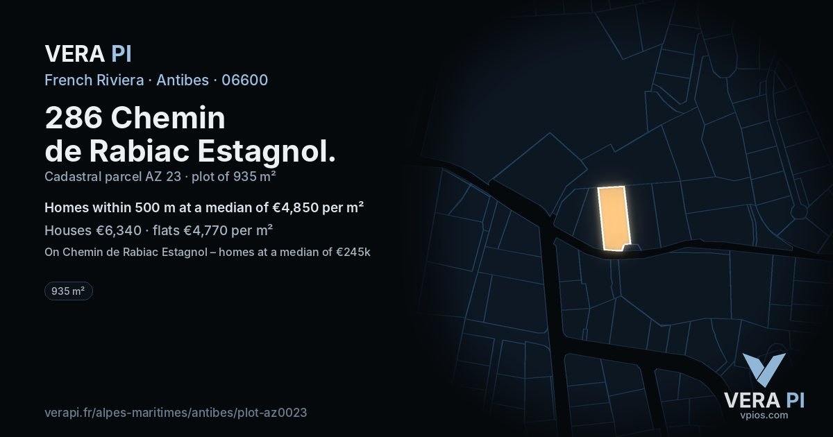 286 Chemin de Rabiac Estagnol, Antibes at night – the plot lit, the parcels around coloured by the prices near them
