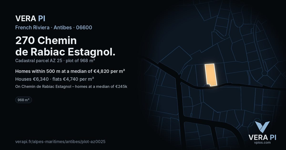 270 Chemin de Rabiac Estagnol, Antibes at night – the plot lit, the parcels around coloured by the prices near them