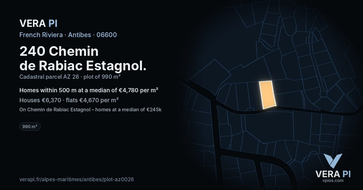 240 Chemin de Rabiac Estagnol, Antibes at night – the plot lit, the parcels around coloured by the prices near them