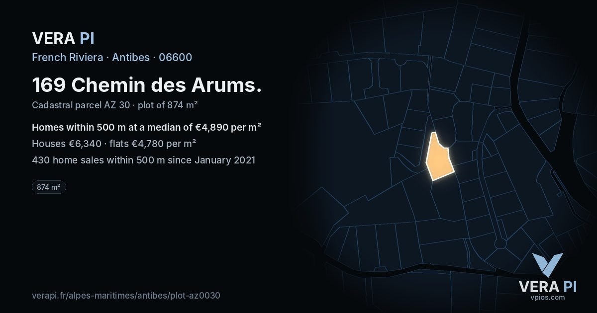 169 Chemin des Arums, Antibes at night – the plot lit, the parcels around coloured by the prices near them