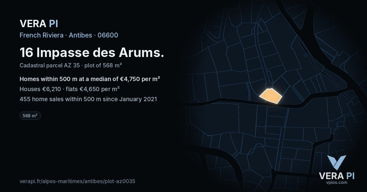 16 Impasse des Arums, Antibes at night – the plot lit, the parcels around coloured by the prices near them