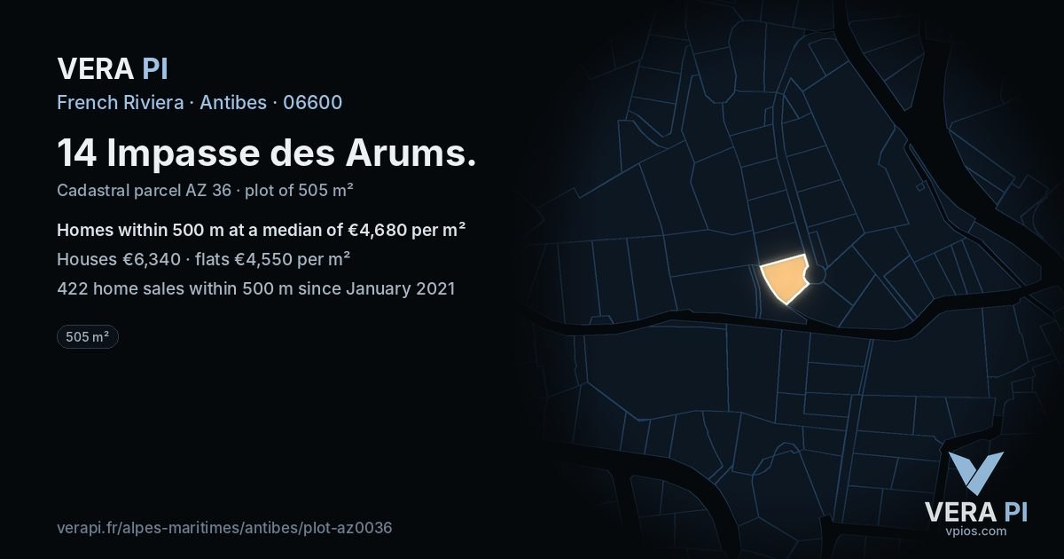 14 Impasse des Arums, Antibes at night – the plot lit, the parcels around coloured by the prices near them