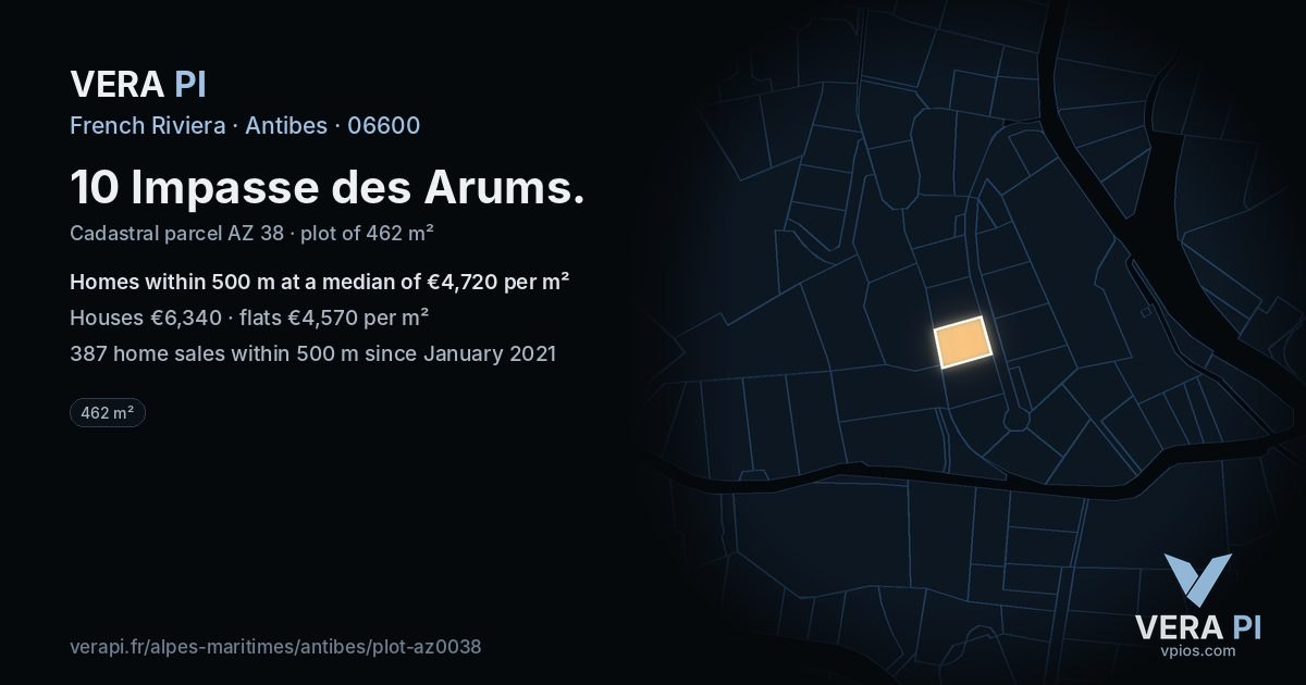 10 Impasse des Arums, Antibes at night – the plot lit, the parcels around coloured by the prices near them