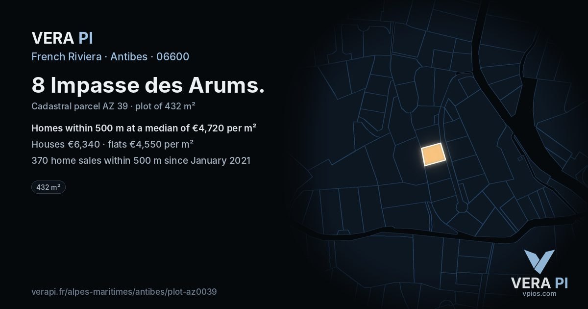 8 Impasse des Arums, Antibes at night – the plot lit, the parcels around coloured by the prices near them