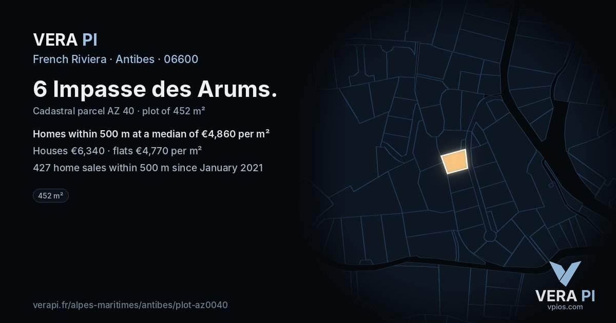 6 Impasse des Arums, Antibes at night – the plot lit, the parcels around coloured by the prices near them