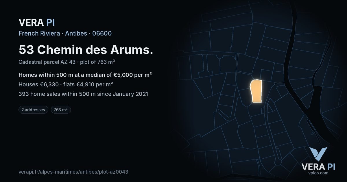 53 Chemin des Arums, Antibes at night – the plot lit, the parcels around coloured by the prices near them