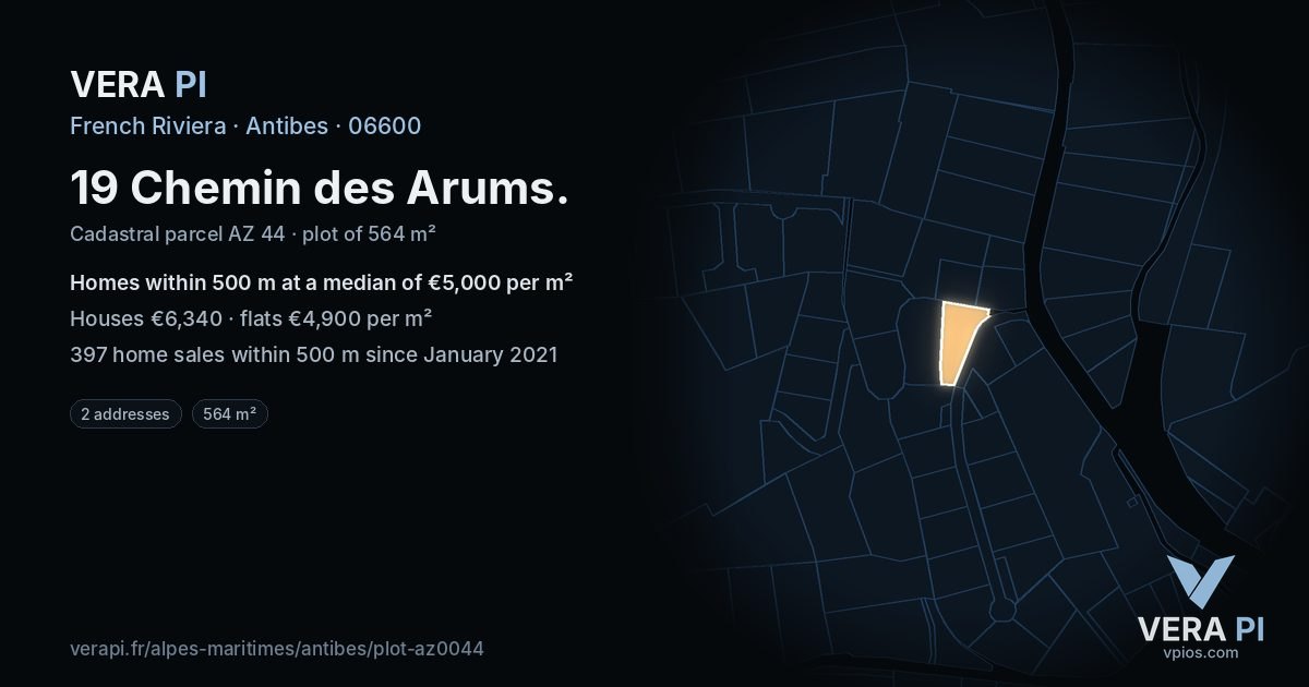 19 Chemin des Arums, Antibes at night – the plot lit, the parcels around coloured by the prices near them