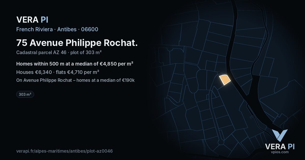 75 Avenue Philippe Rochat, Antibes at night – the plot lit, the parcels around coloured by the prices near them