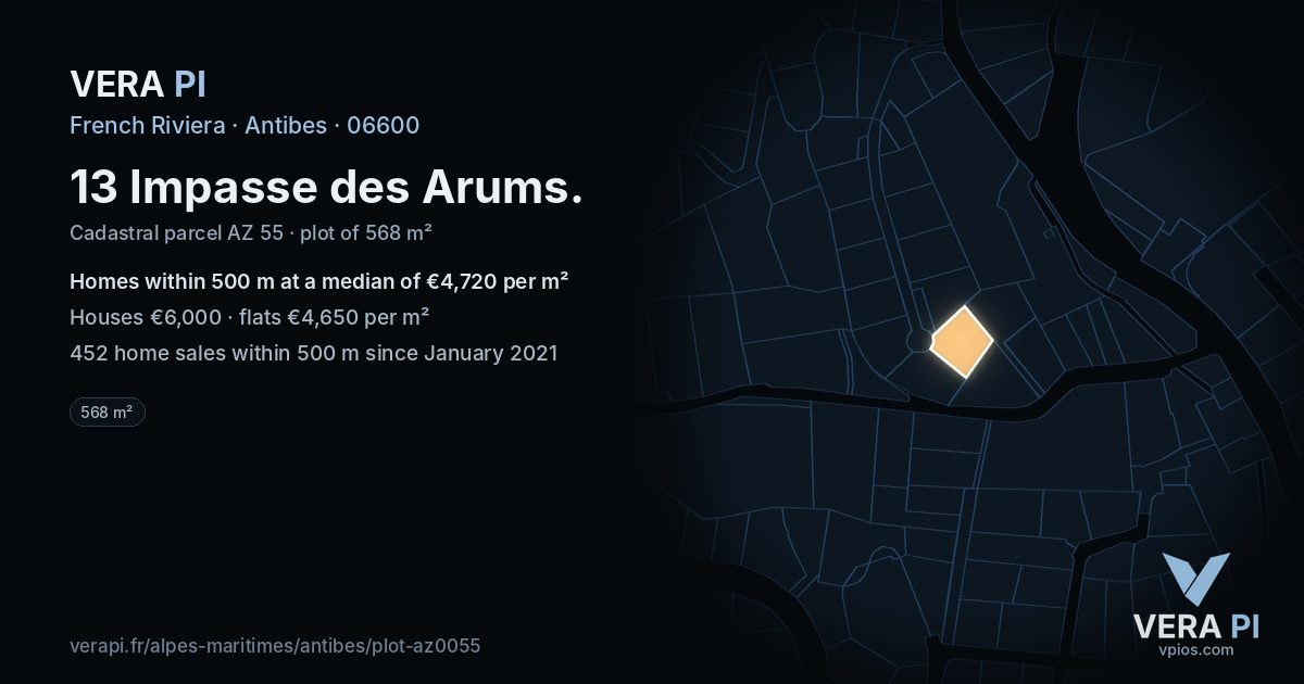 13 Impasse des Arums, Antibes at night – the plot lit, the parcels around coloured by the prices near them