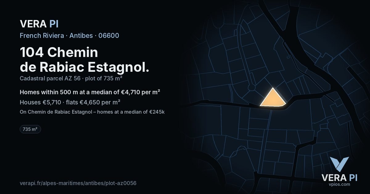 104 Chemin de Rabiac Estagnol, Antibes at night – the plot lit, the parcels around coloured by the prices near them