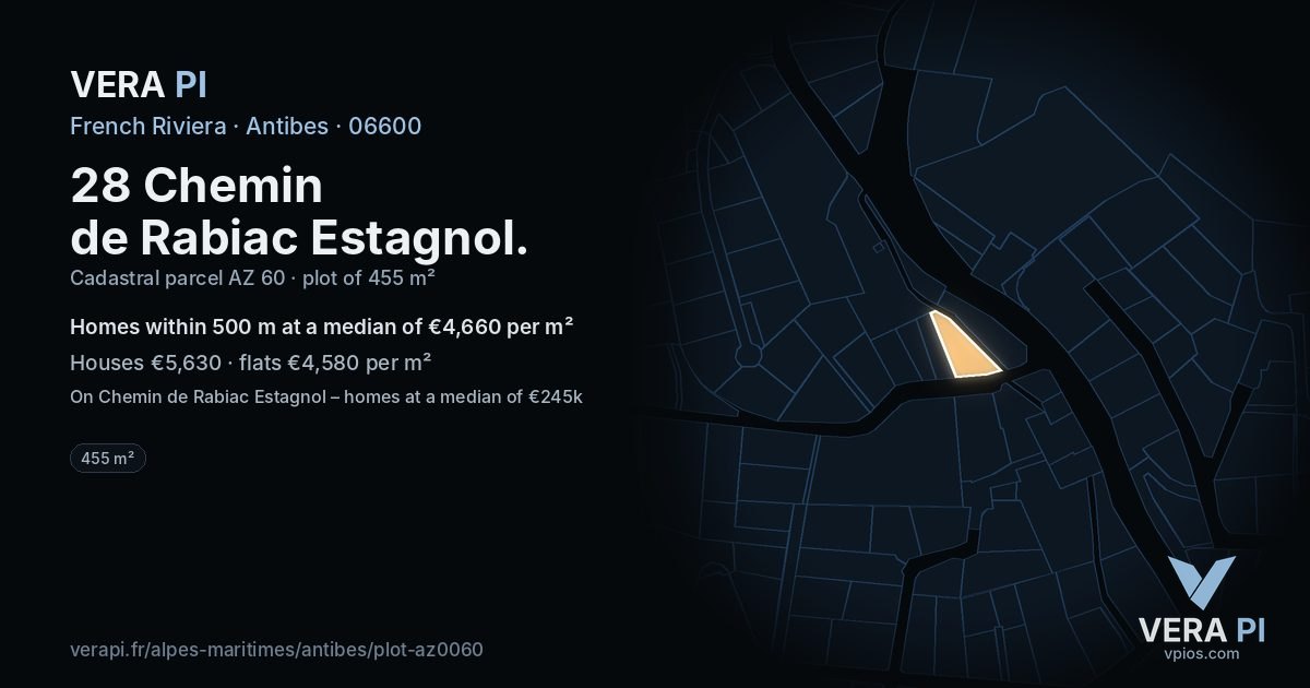 28 Chemin de Rabiac Estagnol, Antibes at night – the plot lit, the parcels around coloured by the prices near them