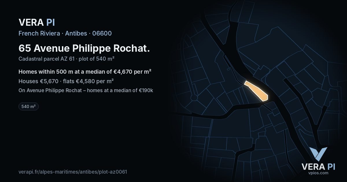 65 Avenue Philippe Rochat, Antibes at night – the plot lit, the parcels around coloured by the prices near them