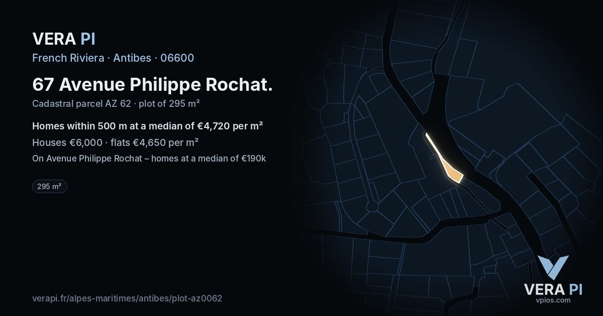 67 Avenue Philippe Rochat, Antibes at night – the plot lit, the parcels around coloured by the prices near them