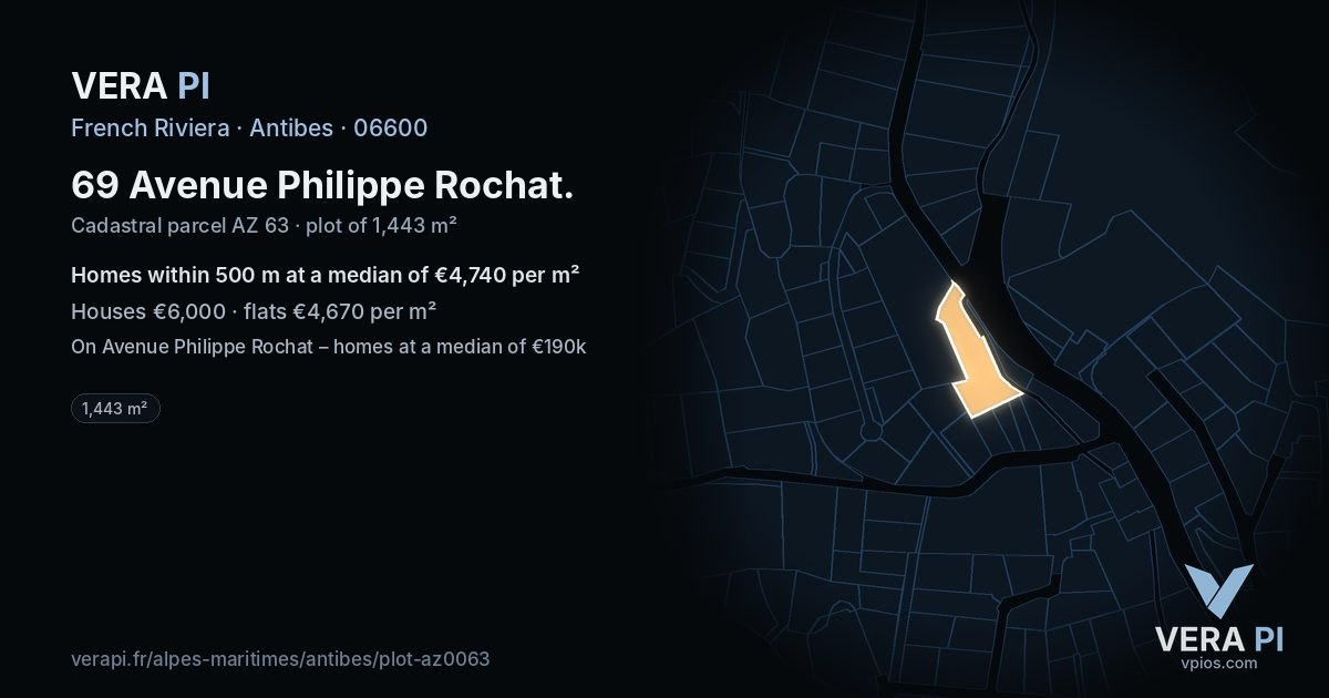 69 Avenue Philippe Rochat, Antibes at night – the plot lit, the parcels around coloured by the prices near them