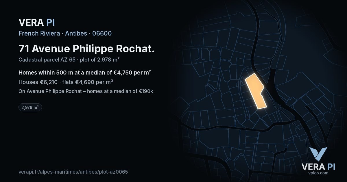 71 Avenue Philippe Rochat, Antibes at night – the plot lit, the parcels around coloured by the prices near them