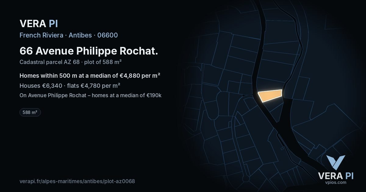 66 Avenue Philippe Rochat, Antibes at night – the plot lit, the parcels around coloured by the prices near them
