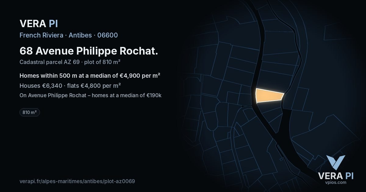 68 Avenue Philippe Rochat, Antibes at night – the plot lit, the parcels around coloured by the prices near them