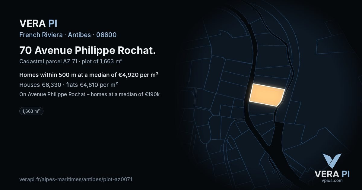 70 Avenue Philippe Rochat, Antibes at night – the plot lit, the parcels around coloured by the prices near them