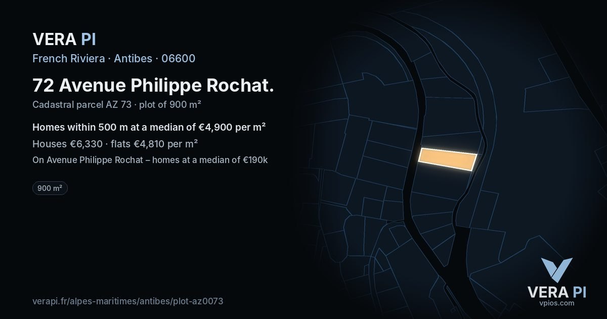 72 Avenue Philippe Rochat, Antibes at night – the plot lit, the parcels around coloured by the prices near them