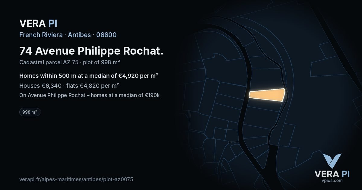 74 Avenue Philippe Rochat, Antibes at night – the plot lit, the parcels around coloured by the prices near them