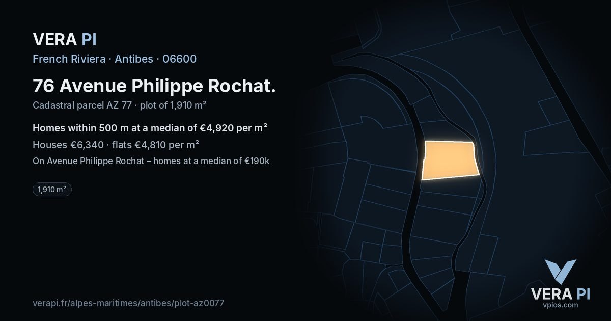 76 Avenue Philippe Rochat, Antibes at night – the plot lit, the parcels around coloured by the prices near them